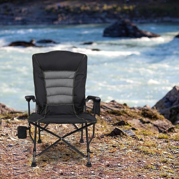Outdoor Folding Camping Chair Heavy Duty Movable High Back Collapsible Padded Chair with Storage Bag for Outside Camping Activities, Black