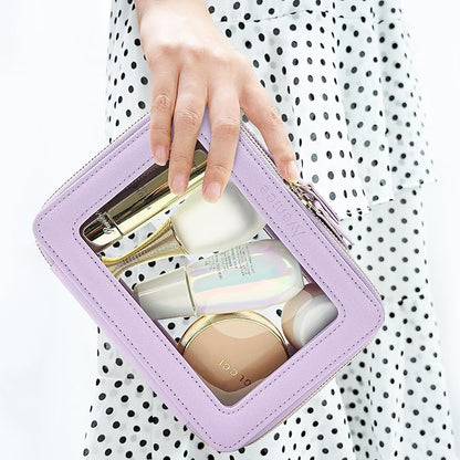 Aveniee Clear Makeup Bag for Women, Clear Cosmetic Case Travel Toiletry Bag, Heavy Duty Makeup Organizer Car Bag with Clear Windows & Gold Zippers(Lilac)