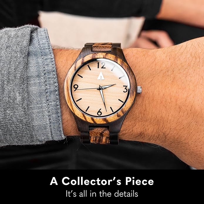 Treehut Wooden Watches for Men, Great Japanese Quartz Analog, Stylish Exotic Watch with Adjustable Stainless Steel Clasp, Buckle, Made from Ebony and Walnut Wood, Relojes Hombre Mujeres