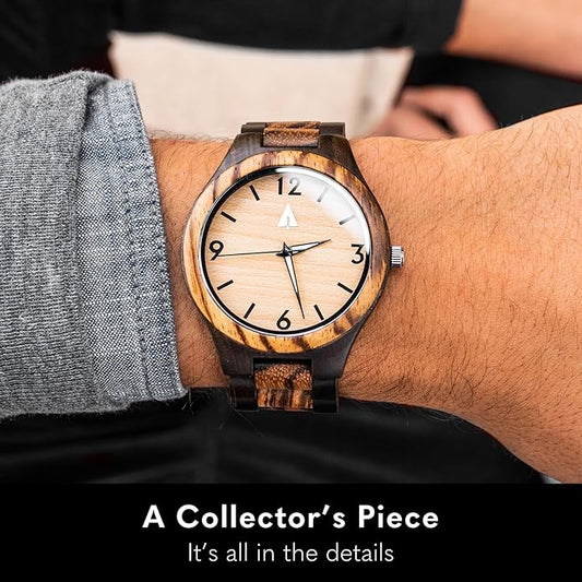 Treehut Wooden Watches for Men, Great Japanese Quartz Analog, Stylish Exotic Watch with Adjustable Stainless Steel Clasp, Buckle, Made from Ebony and Walnut Wood, Relojes Hombre Mujeres