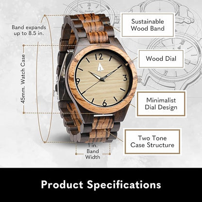 Treehut Wooden Watches for Men, Great Japanese Quartz Analog, Stylish Exotic Watch with Adjustable Stainless Steel Clasp, Buckle, Made from Ebony and Walnut Wood, Relojes Hombre Mujeres