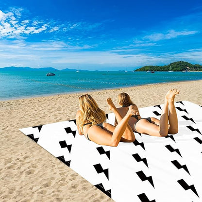 Outdoor Beach Blanket Waterproof Sandproof, 78''×86'' Large Sand Free Beach Mat, Lightweight Portable Picnic Blanket Foldable with 4 Stakes & Pockets for Camping, Hiking Essentials - Black Lightning