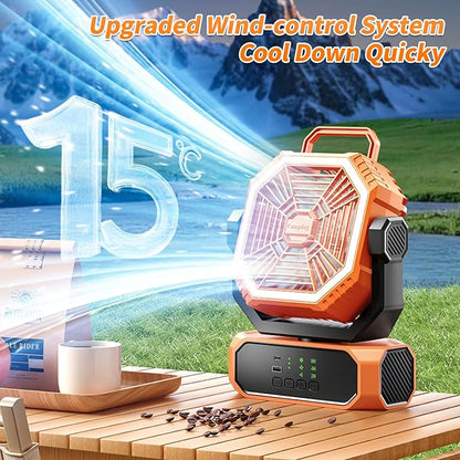 VVU&CCO Portable Fan for Camping with LED Lantern,20000mAh Rechargeable Battery,65H Runtime,USB-C Fast Charging, 3 Speeds - Cordless Desk Fan for Travel Home Office Tent Desk