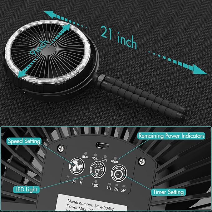 COMLIFE 10000mAh Rechargeable Camping Fan, 8-inch Battery Operated Tent Fan with Camping Light, Portable Fan with Flexible Tripod, Clip on Fan for Golf Cart, Grow Tent, Bunk Bed