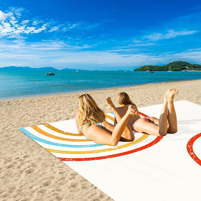 Beach Blanket Waterproof Sandproof, 110''×118'' Extra Large Sand Free Beach Mat, Foldable Compact Lightweight Quick Drying Polyester Picnic Blankets with 4 Stakes & Pockets - Rainbow Arches