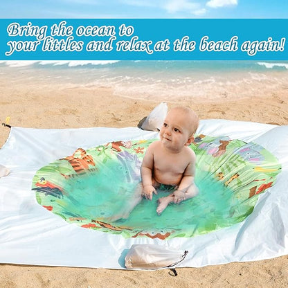 6.5 X 6.5 Ft Baby Beach Pool, 2 in 1 Portable Kids Beach Play Pool Puddle Toddler Beach Blanket and Kiddie Pools Green Cartoon Childs Sand Pit Paddling Pools with Water Bag for Boys Girls Outdoors