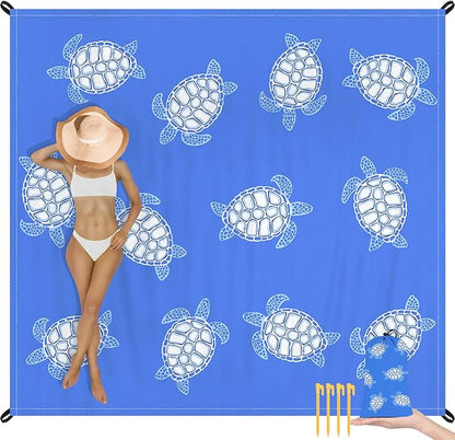 Beach Blanket Waterproof Sandproof, Blue Baby Sea Turtle Polyester Beach Mat Sand Free for 1-4 Adult, Extra Large 9×10 FT Portable Compact Picnic Blankets for Outdoor, Travel,Camping,Hiking