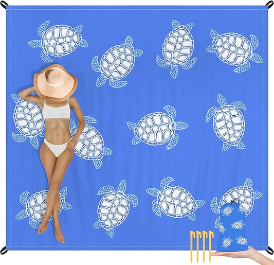 Beach Blanket Waterproof Sandproof, Blue Baby Sea Turtle Polyester Beach Mat Sand Free for 1-4 Adult, Extra Large 9×10 FT Portable Compact Picnic Blankets for Outdoor, Travel,Camping,Hiking