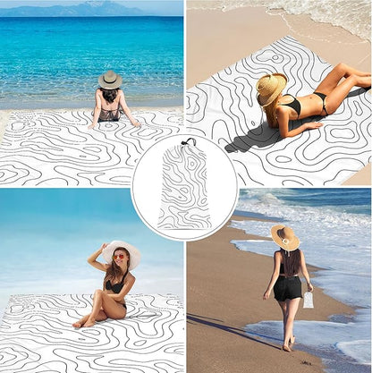 110''×118'' Oversized Beach Blanket for 4-8 Adults, White Waterproof Sandproof Picnic Blanket, Lightweight Foldable Sand Free Outdoor Mat w/ 4 Stakes & Portable Carry Bag for Travel, Camping, Hiking