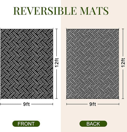 OPPODREAM Outdoor Rug 9x12 Patio Waterproof, Large Outdoor Plastic Straw Rug, Reversible Out Door Carpet for Camping, Deck, Rv, 9 x 12 Area Carpet for Balcony, Porch, Backyard, Black and Grey