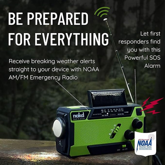 Hand Crank Weather Emergency Radio: Dynamo, Solar, USB and Battery Powered - Upgraded 14800mWh Battery, Flashlight, NOAA Storm Alert, SOS Alarm, 3 External Charger Cables - Cell Phone Emergency Power