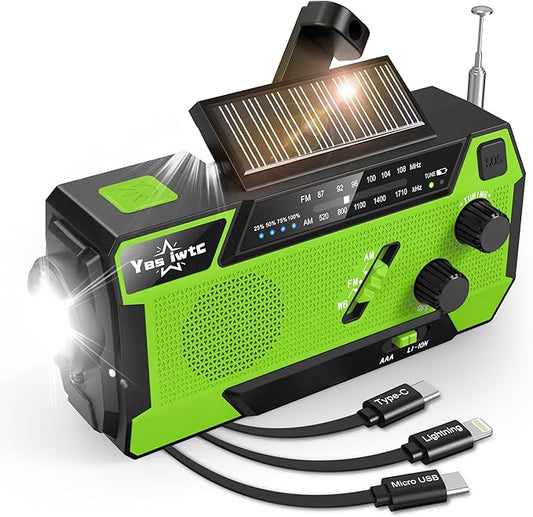 7400mWh NOAA Emergency Weather Radio with 3 in 1 Charging Cable - Solar Hand Crank Alert Radio - 3 Power Supply Methods - SOS Alarm, Flashlight for Hurricane Emergencies