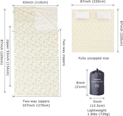 100% Cotton Sleeping Bag Liner with Full Length Zipper on 3 Sides; Single/Double Adult Sleep Sack for Travel & Camping, Multifunctional Travel Sheets (Unzipped 87”x87”) for Hotel, Lightweight