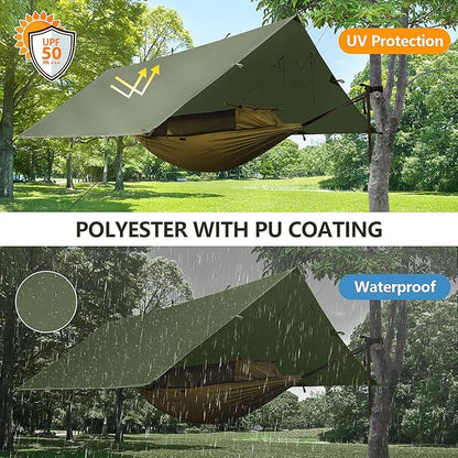 FREE SOLDIER Camping Tarp Waterproof Portable Multifunctional Outdoor Camping Traveling Awning Backpacking Shelter Rain Tarp (Dark Green 13×13ft)