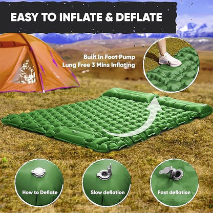 POWERLIX Double Camping Sleeping Pad Camping Pad for 2 Person with Pillow Built-in Foot Pump Inflatable Sleeping Pad, Backpacking, Hiking, Portable Camping Mattress Green