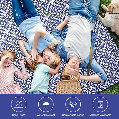 Picnic Blanket, 80''x80'' Waterproof Outdoor Blankets, Picnic Mat Washable for Beach, Picnic Blankets for Camping on Grass with Shoulder Strap - NavyBlue