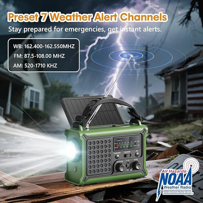 Raynic NOAA Weather Radio 12000mAh, Emergency Weather Radio with 2X Faster Solar & Hand Crank Charging, 5W Flashlight, Reading Lamp, Cell Phone Charger, SOS for Hurricane, Storm, Camping