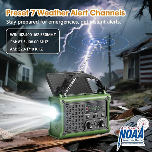 Raynic NOAA Weather Radio 12000mAh, Emergency Weather Radio with 2X Faster Solar & Hand Crank Charging, 5W Flashlight, Reading Lamp, Cell Phone Charger, SOS for Hurricane, Storm, Camping