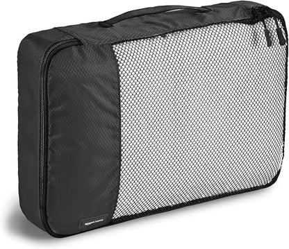 Amazon Basics Lightweight Packing Cubes Travel Organizer Set with Double Zipper, Mesh Top, Small, Medium, Large, Slim, Black, 4 Piece
