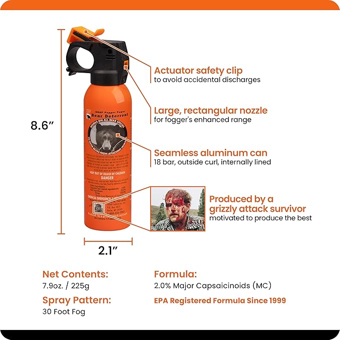 UDAP Pepper Power Bear Spray Self Defense Deterrent with Holster for Camping, Hiking, Fishing, Powerful Blast Pattern, 30 ft Fog Barrier, Safety Orange, SO2, 7.9 oz, 2 Pack
