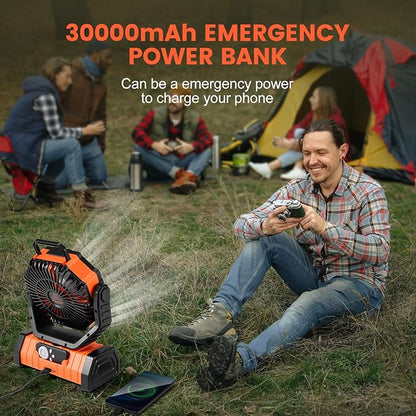 Odoland 30000mAh Camping Fan with LED Lantern, Rechargeable Battery Operated Oscillating with Remote Hook Stroage Bag, Portable Tent Fan with Timer, 4 Speeds for Outdoor RV Jobsite Power Outage,Orange