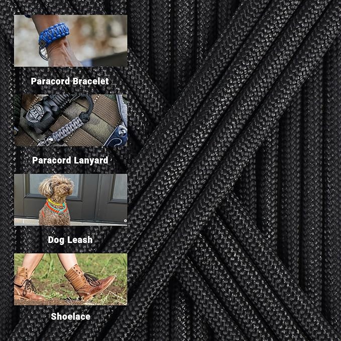 WEREWOLVES Paracord Rope, 7 Strand Type III Parachute Cord 4mm 100ft / 200ft for Crafting, DIY Projects, Survival Bracelets (Black, 200 ft)