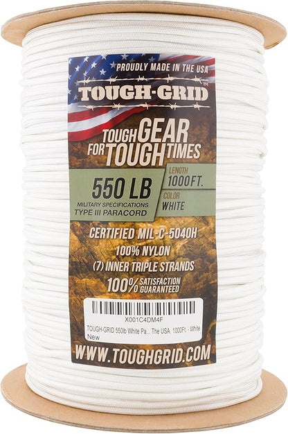 TOUGH-GRID Premium 550lb Paracord Rope - 1000 Ft. - White - 100% Nylon Type IV Mil-Spec - UV & Abrasion Resistant - Heavy Duty Strands - Outdoor Survival Rope - Used by US Military - Made in USA