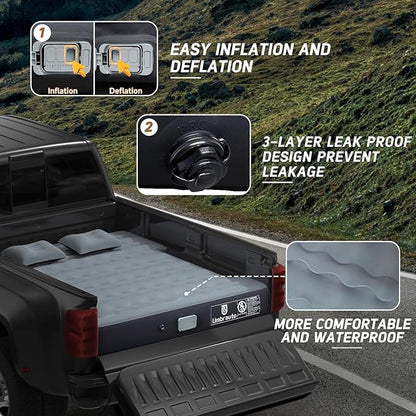 Built-in Pump Truck Air Mattress for 5.5-5.8ft Short Bed, Inflatable Full Size Pickup Airbed with Detachable Pump for Outdoor Travel Camping, Includes Pillows & Storage Bag