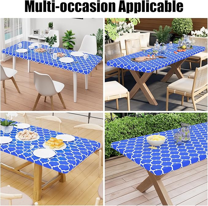 Smiry Rectangle Picnic Table Cover, Waterproof Elastic Fitted Camping Tablecloths for 8 Foot Tables, Wipeable Flannel Backed Vinyl Tablecloth Protector for Indoor, Outdoor (Blue, 36x96 Inches)