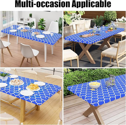 Smiry Rectangle Picnic Table Cover, Waterproof Elastic Fitted Camping Tablecloths for 8 Foot Tables, Wipeable Flannel Backed Vinyl Tablecloth Protector for Indoor, Outdoor (Blue, 36x96 Inches)