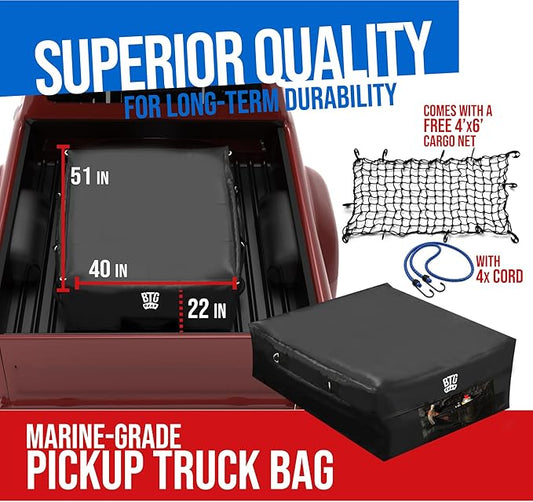 Pickup Truck Cargo/Storage Bag in Black w/Cargo Net, 51”x 40”, 100% Waterproof with Front Pocket for Luggage/Camping
