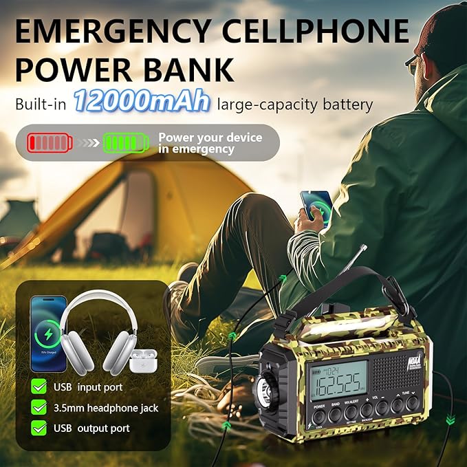 Emergency Weather Radio,12000mAh/44400mWh Solar Hand Crank AUTO NOAA Alert/AM/FM/SW Shortwave Radio with Type-C Charger, Battery Operated Radio,Reading Lamp, SOS & Flashlight for Emergencies