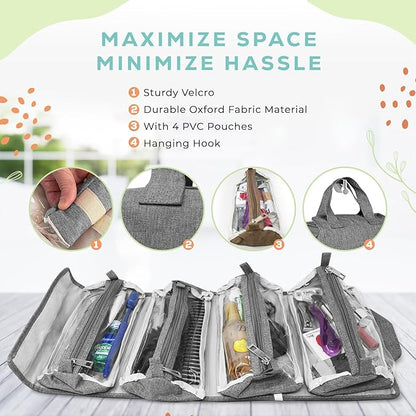 4-in-1 Hanging Toiletry Bag | Roll-up Makeup Organizer With 4 Detachable PVC Zip Pouches| Travel Toiletry Bag, 600D Oxford Fabric Material Organize Make up, Cosmetics
