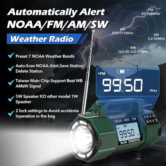 5000mAh Hand Crank Emergency Radio, AM/FM/SW/NOAA Weather Alert Radio Solar Powered, Crank Radios with Flashlight, USB-C Charging, Sleep Timer Clock Alarm, Headphone Jack, SOS Alarm for Home/Outdoors