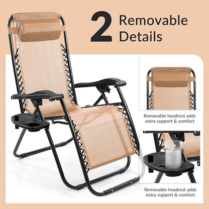 Zero Gravity Chair Set of 2 with Cup Holder & Removable Pillows, Adjustable Reclining Outdoor Patio Folding Chairs Portable Lounge Chair Furniture for Poolside, Lawn, Beach, Camping