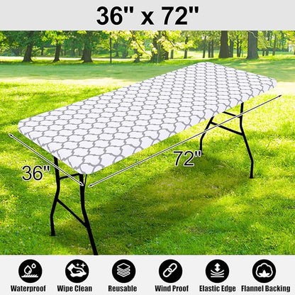 Smiry Rectangle Picnic Table Cover, Waterproof Elastic Fitted Camping Tablecloths for 6 Foot Tables, Wipeable Flannel Backed Vinyl Tablecloth Protector for Indoor, Outdoor (White, 36x72 Inches)