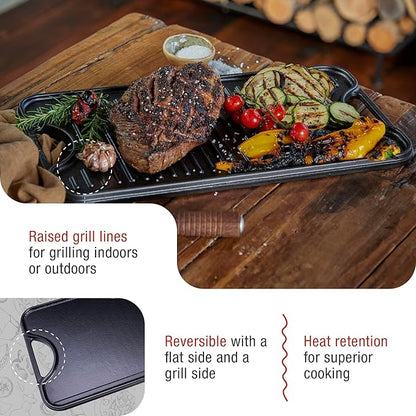 Victoria Rectangular Cast Iron Griddle. Double Burner Griddle, Reversible Griddle Grill, 18.5 x 10 Inch, Seasoned with 100% Kosher Certified Non-GMO Flaxseed Oil