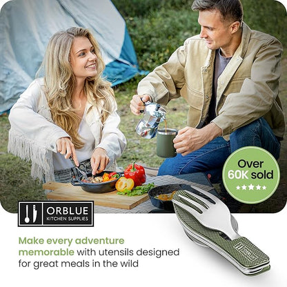 Orblue 4-in-1 Camping Eating Utensils, 2-Pack - Portable Spoon, Fork, Knife & Bottle Opener Combo Set - Stainless Steel Flatware with Detachable Fork - Backpacking Cutlery Multitool, Olive Green