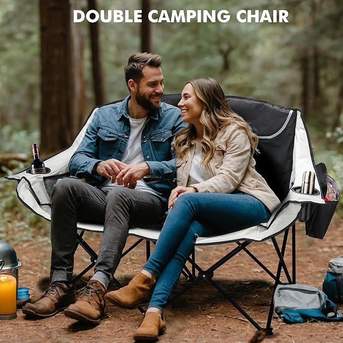 Double Camping Chair for Adults Outdoor Folding Chair with 2 Cooler Bags Support 500lbs Heavy Duty Camp Chair for Outdoor Sports Beach - Black&Grey