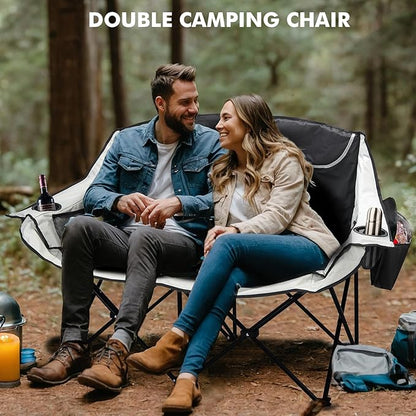 Double Camping Chair for Adults Outdoor Folding Chair with 2 Cooler Bags Support 500lbs Heavy Duty Camp Chair for Outdoor Sports Beach - Black&Grey