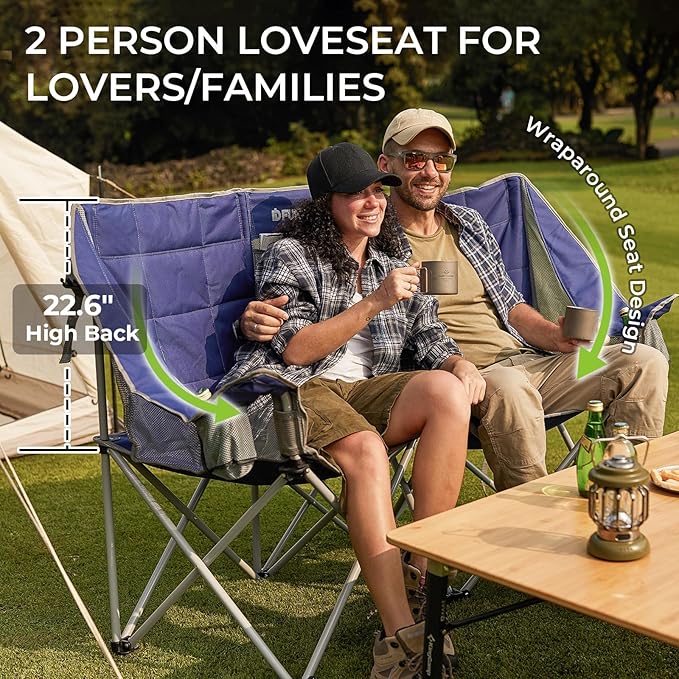 FUNDANGO Oversized Double Camping Chair, 2 Person Folding Padded Loveseat for Adults，660lbs Heavy Duty Chair with Arm Cup Holder for Outdoor Patio Lawn Camp with Carry Bag (Blue)