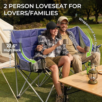 FUNDANGO Oversized Double Camping Chair, 2 Person Folding Padded Loveseat for Adults，660lbs Heavy Duty Chair with Arm Cup Holder for Outdoor Patio Lawn Camp with Carry Bag (Blue)