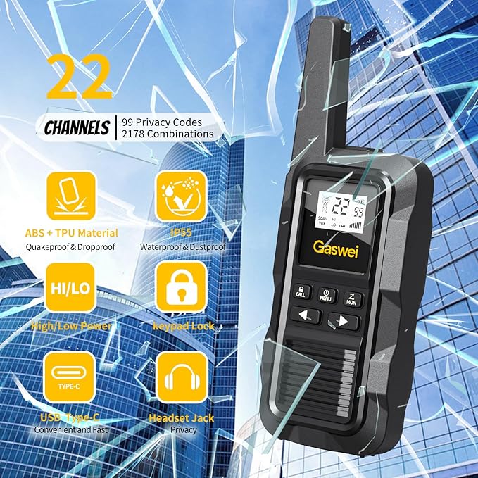 G2pro Walkie Talkies Long Range for Adults, Waterproof, Shock Resistant & Rechargeable Two-Way Radio with VOX 2 Pack(Black)