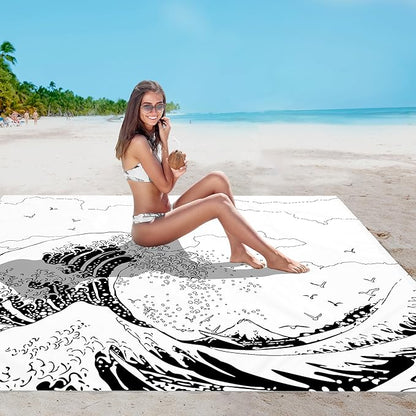 Beach Blanket, Large Sandproof & Waterproof Picnic Blankets, Quick Drying Sand Free Lightweight Beach Mat with 4 Stakes & Pockets for Outdoor Travel Camping Hiking Vacation Essentials - The Great Wave