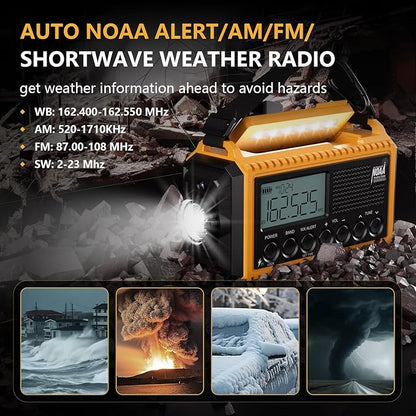 Emergency Radio12000mAh, Weather Radio 6 Ways Powered, Solar Hand Crank Radio Flashlight Cell Phone Charger, AUTO NOAA AM/FM/SW Portable Radio Rechargeable, Reading Lamp, SOS Alarm for Emergencies