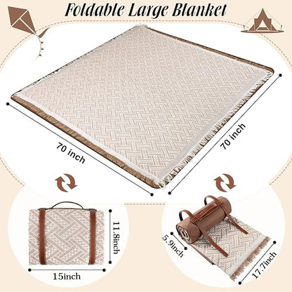 Waterproof Picnic Blankets Outdoor Blanket Foldable 2 in 1 Double Layer Sandproof Beach Mat with Carry Strap for Camping Lawn Park Beach Grass(Khaki,71 x 71 Inches)