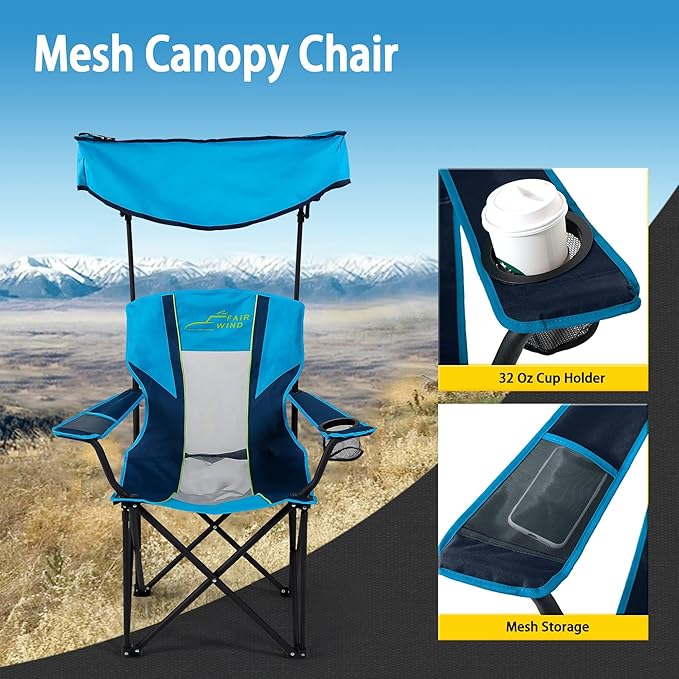 FAIR WIND Oversized Adjustable Canopy Chair for Camping, Beach, Tailgate, Fishing＆Concert, Sun Shade Folding Chair - Comfortable＆Stable Supports 350 LB, Eco-Friendly