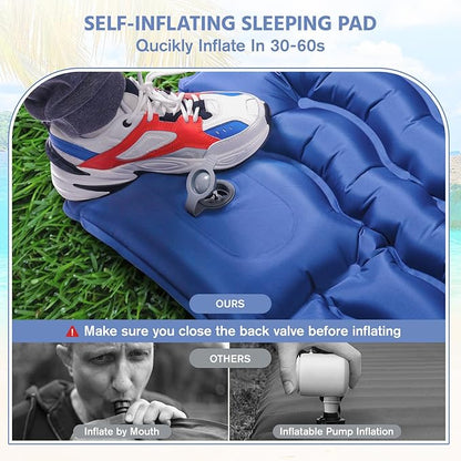 Sleeping Pad for Camping -Ultralight Inflatable Sleeping Mat with Pillow, Built-in Foot Pump, Compact & Lightweight Camping Mattress Pad for Camp, Backpacking, Hiking, Travel Tent (Blue)