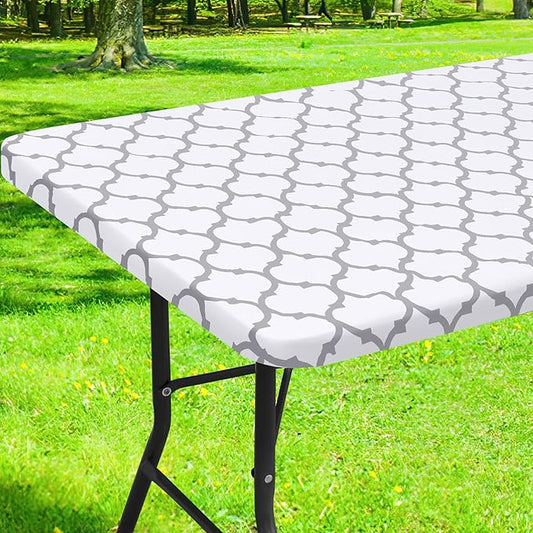 Smiry Rectangle Picnic Table Cover, Waterproof Elastic Fitted Camping Tablecloths for 6 Foot Tables, Wipeable Flannel Backed Vinyl Tablecloth Protector for Indoor, Outdoor (White, 30x72 Inches)