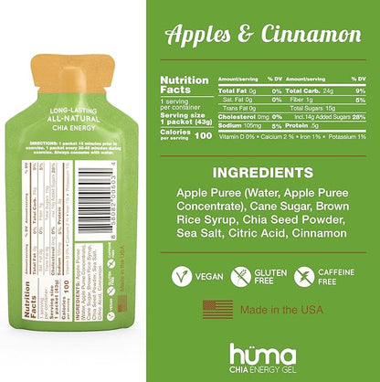Huma Chia Energy Gel, Apples & Cinnamon, 12 Gels - Premier Sports Nutrition for Endurance Exercise